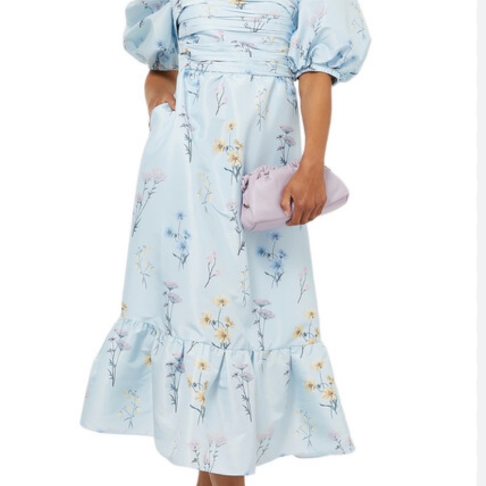 NWT Self Portrait Blue Floral Watercolor Taffeta Midi Dress